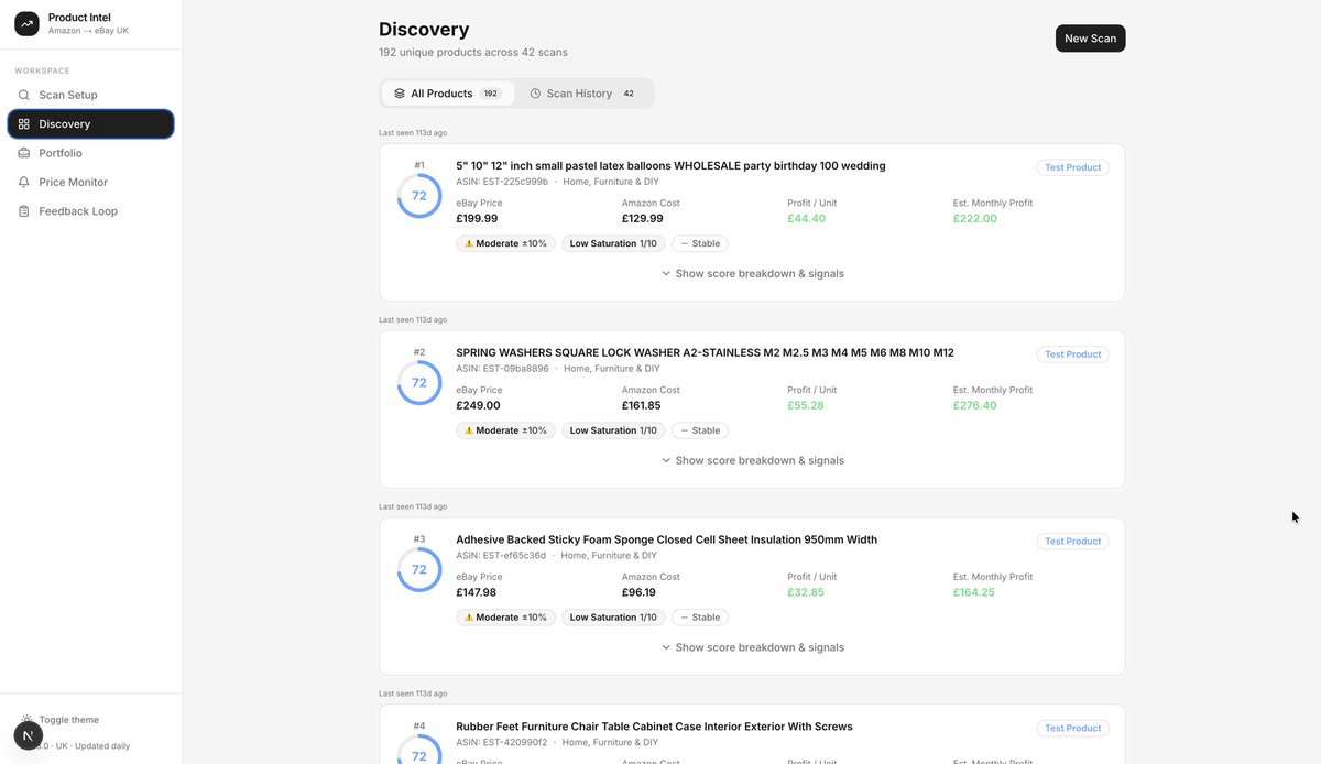 UIUXArtistry's tweet photo. Just shipped Product Intel.

Dropshippers spend hours hunting profitable products. We automated it.

Set profit target → System finds products → Builds portfolio → Monitors prices.

Amazon to eBay arbitrage, engineered for speed. https://t.co/v9hdqUFO28