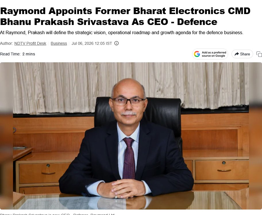 RakJhun's tweet photo. Raymond is diversifying into defence &amp; aerospace &amp; has appointed Bhanu Prakash Srivastava, CMD of BEL, as CEO-Defence. During 4 decades at BEL, Bhanu Prakash tripled market capitalisation from ₹51k Cr to ₹1.5 lakh Cr, secured ₹55000+ Cr in new orders &amp; launched 100+ products. https://t.co/hnPuVpSEqU