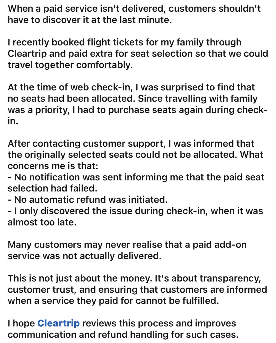 sahilkumar1012's tweet photo. @Cleartrip Charged for seat selection but seats were never allocated. No notification. No refund. Discovered at  check-in 

#Cleartrip #Travel #CustomerExperience #ConsumerRights https://t.co/rhL4E4lWRf