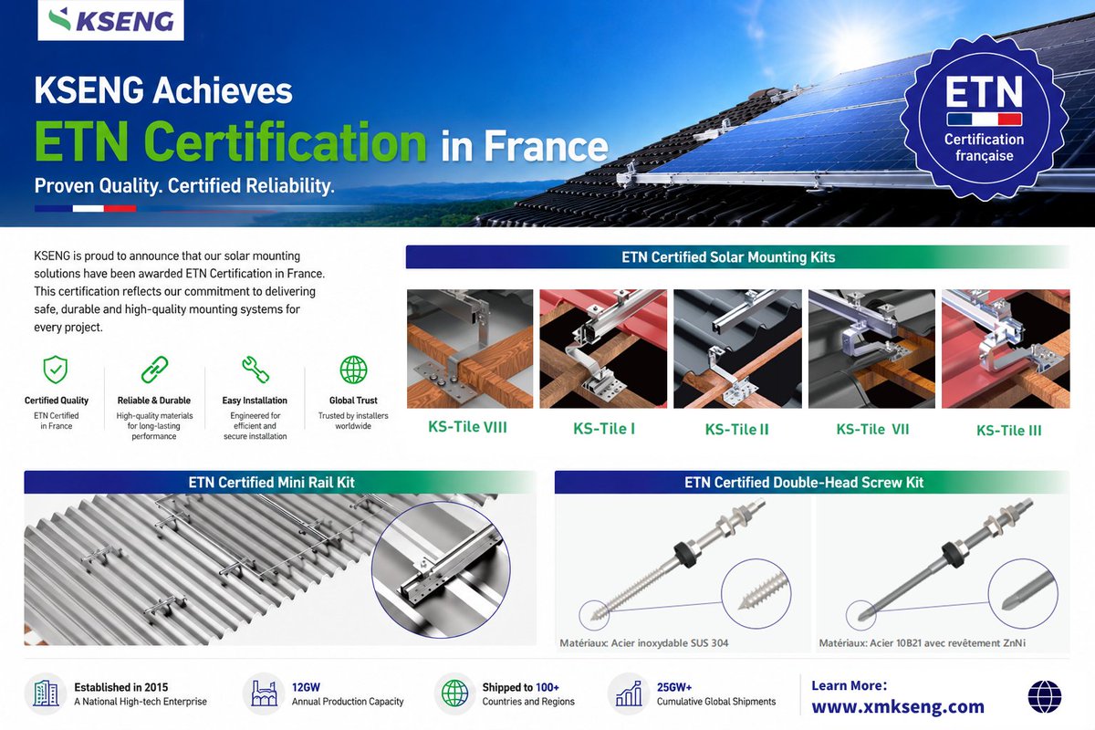 KsengSolar's tweet photo. 🏆 Kseng Solar achieves ETN Certification in France!
Our mounting systems – KS-Tile I-VIII, Mini Rail Kit & more – are now ETN-certified. Fast delivery from Netherlands warehouse
🌐 https://t.co/Q964XX5HhQ
#ETNCertification #KsengSolar #FranceSolar https://t.co/7vdhsOvzAq