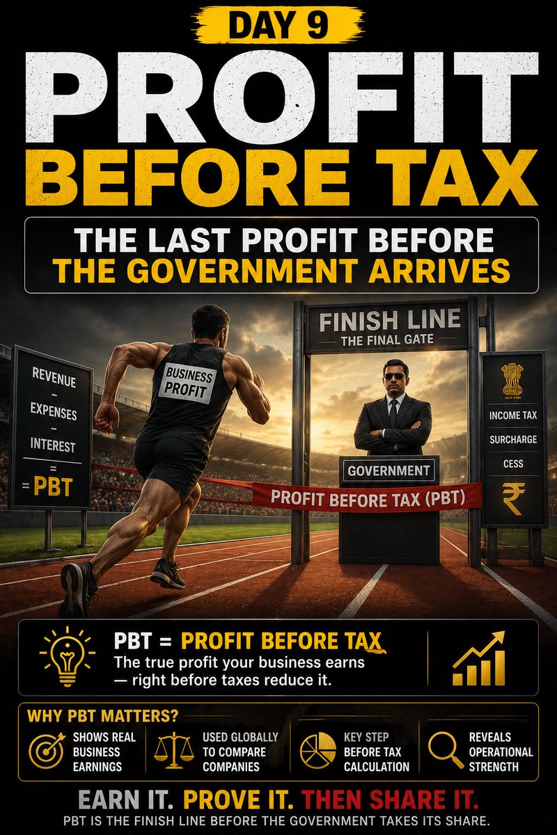 opportunist_inv's tweet photo. #Day31/90 
#Thirtyonethdayofthe90dayjourney #opportunist_investor 
#PBT 
#Profitbeforetax 

Yesterday we talked about Interest Expense, the cost of borrowing money to grow.

Today we arrive at the number that sits just before the government takes its share.

You've been building toward this one for 8 days.

Here's why it matters more than most investors realise:

‼️Same business |Same exact profit.‼️

➡️Two different countries 🇮🇳🇺🇸can tax it in two completely different ways.

That mismatch is exactly why this number exists.

This is Profit Before Tax 🧵.

👉Revenue comes in 💰➡️Expenses leave ➡️Operating Profit gets calculated ➡️Depreciation reduces it. ➡️Interest reduces it further 🪙🙈

What survives all of that is PBT  think of it as the company's earnings right before the tax department shows up.

Every cost the business could control has already been paid.

What remains is PBT  the clearest picture of how the business actually performed, before government policy enters the equation.