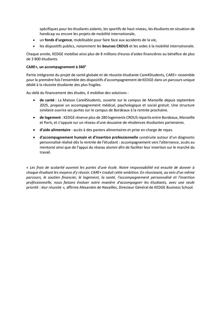KedgeBS's tweet photo. #CommuniquéDePresse 📰 | KEDGE Business School renforce son engagement pour l’égalité des chances : études gratuites et nouveau parcours d’accompagnement pour les étudiants boursiers.

Ces nouvelles mesures s'inscrivent dans le cadre de CARE+, le nouveau dispositif de réussite de KEDGE, conçu pour offrir aux étudiants un accompagnement global, personnalisé et durable tout au long de leur parcours. Plus que la simple gratuité des études, KEDGE reste ainsi fidèle à son engagement historique de mettre en œuvre tous les moyens possibles pour garantir la réussite de ses étudiants.