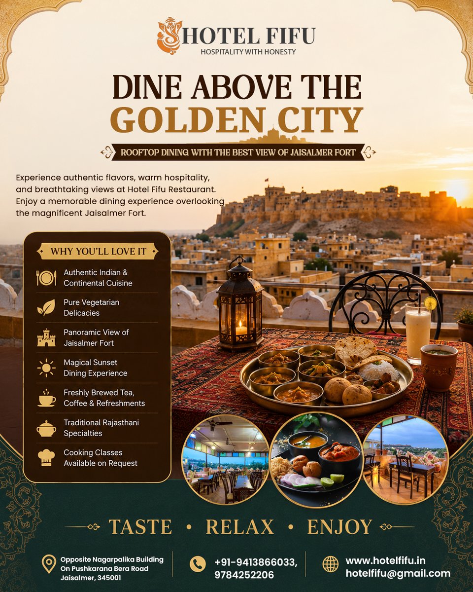 hotel_fifu's tweet photo. 🏨🌿Dine high above the Golden City and indulge in a memorable rooftop dining experience with breathtaking views of Jaisalmer Fort at Hotel Fifu💛🏰

#Jaisalmer #HotelFifu #RooftopDining #RajasthanDiaries #SunsetViews https://t.co/YM2rym2N78