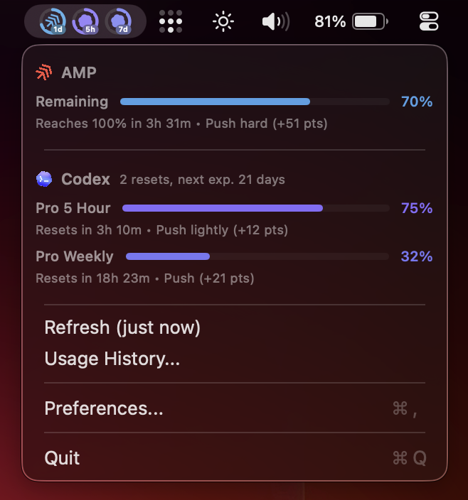 AlexH2035's tweet photo. Shipped a Rashun update today: pacing scores for AI usage limits.

Remaining usage isn't enough – you need to know if your pace gets you to reset.

Now it's glanceable in the menu bar/dropdown via pacing scores and colour cues.

Avoid running out early, or leaving tokens unused. https://t.co/CyboNWa3pd