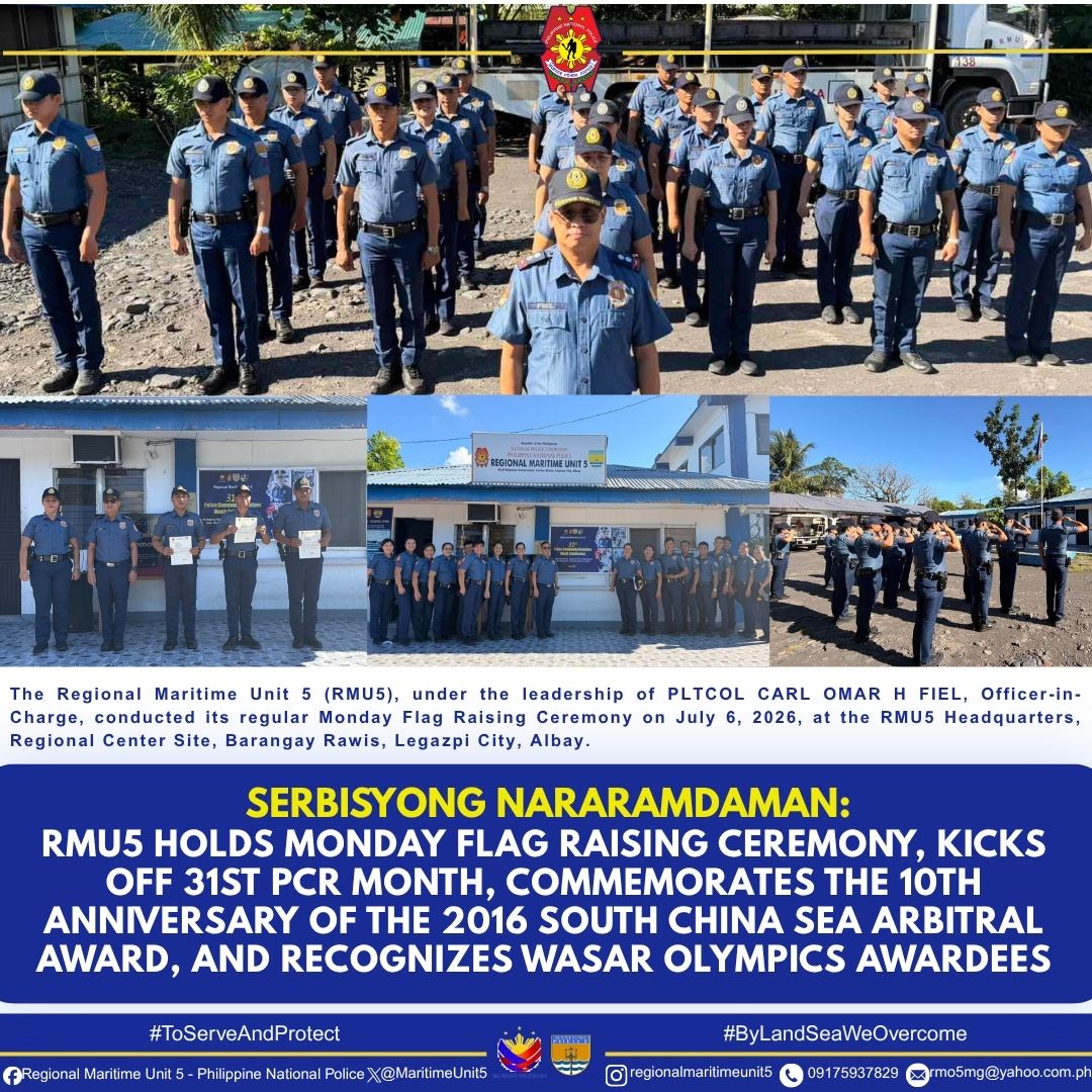 MaritimeUnit5's tweet photo. RMU5 HOLDS MONDAY FLAG RAISING CEREMONY, KICKS OFF THE 31ST POLICE COMMUNITY RELATIONS MONTH, COMMEMORATES THE 10TH ANNIVERSARY OF THE 2016 SOUTH CHINA SEA ARBITRAL AWARD, AND RECOGNIZES NATIONAL WASAR OLYMPICS AWARDEES https://t.co/ehYSNJJg1B