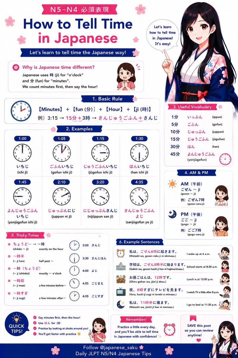 japanese_saku's tweet photo. Can you tell time in Japanese? ⏰

This guide makes it much easier than you think.

🔖 Bookmark this cheat sheet

#LearnJapanese #JLPTN5 #JapaneseNumbers #JapaneseLanguage #StudyJapanese https://t.co/JajSRJ4jiH