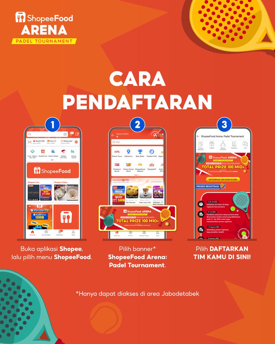 shopeefood_id's tweet photo. P Info padel??? 

Buat warga yang lagi terpadel-padel, yuk ikutan ShopeeFood Arena: Padel Tournament 2026 tanggal 15 Agustus 2026 nanti! Ada hadiah total 100 JUTA, lho. 

Gak main, tapi mau dateng? Bisaaaa! Ada door prize, merchandise, voucher, bahkan bisa main padel bareng Jerome Polin dan Fanny Ghassani! 

Ayo daftar sebelum 30 Juli 2026 ya di sini https://t.co/vZpe5OFRX9! 💥