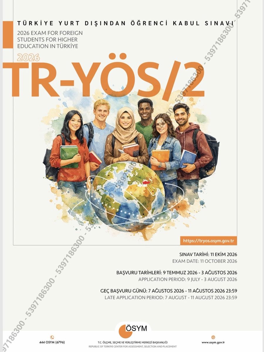 UskupEM's tweet photo. 📢 2026 TR-YÖS/2 Başvuruları Başladı!  

Türkiye’de yükseköğrenim hedefleyen uluslararası öğrenciler için 2026 TR-YÖS/2 başvuru süreci başladı. 

 Başvuru Tarihleri: 9 Temmuz – 3 Ağustos 2026 

Başvuru için: https://t.co/5rxBjyvB8L https://t.co/Q2qjALub2Z