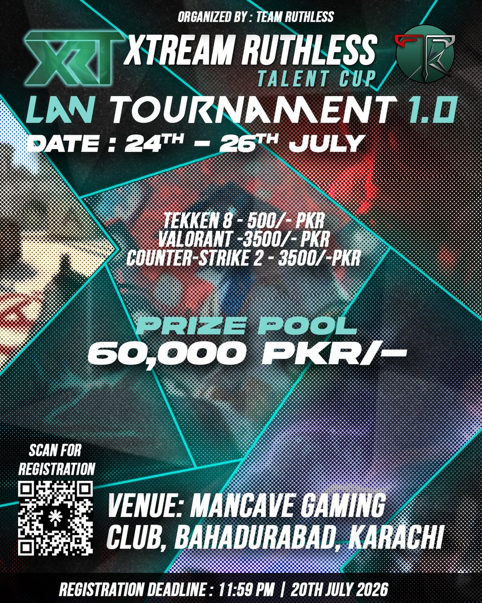 TeamRuthlessPK's tweet photo. GET READY, KARACHI.

XTREAM RUTHLESS LAN Tournament 1.0 is live.

Tekken 8 | Valorant | CS2
Prize Pool: 60,000 PKR
24th–26th July | Mancave Gaming Club

Reg closes 20th July, 11:59 PM
Register: https://t.co/e32ShfX9gT

#TeamRuthless #LANTournament https://t.co/Lh10sP1UnX