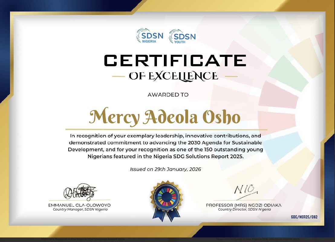 Adeola__Osho's tweet photo. Big news!

I'm honored to be recognized among the Top 150 Innovators featured in the Nigeria SDG Solutions Report (2025 Edition) and to receive a Certificate of Excellence for contributions toward advancing the Sustainable Development Goals. https://t.co/llV7LbSQyF