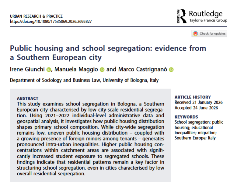 JournalURP's tweet photo. How does the distribution of public housing influence school segregation? Take a look at our new academic article published by Irene Giunchi, Manuela Maggio and Marco Castrignanò,
https://t.co/yWAn5buchy
#SchoolSegregation #PublicHousing #EducationalInequalities #Migration #Italy https://t.co/pMyIMqLdcw