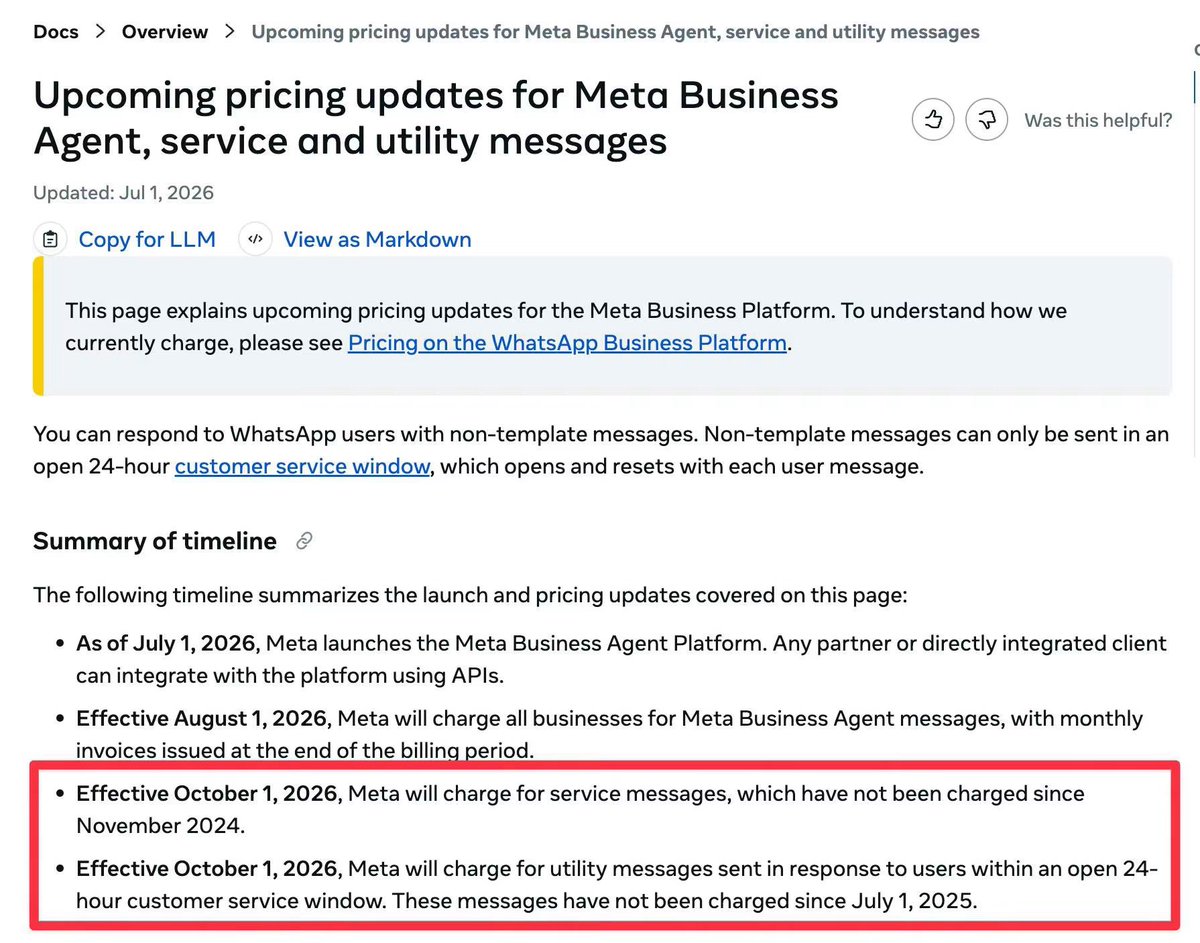 zulabmm's tweet photo. Fuhhh lain macam...

Bermula 1 Oktober ni, mesej whatsapp official API yang dihantar dalam 24 hour window pun akan kene charge oleh Meta.

Maksudnya semua mesej yang AI Chatbot Official API akan kene charge bermula 10 oktober ni (sebelum ni free)

Harga per mesej katanya akan sama dengan harga utility/authentication rate..

So lebih kurang 6 sen per mesej.

Apa pendapat korang?