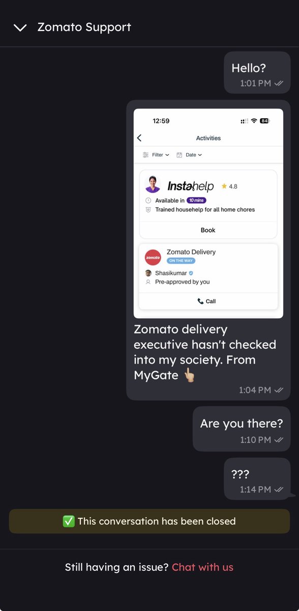niranjanraghu's tweet photo. @zomato @zomatocare My order was literally stolen by your delivery executive. Reported it to customer support, got radio silence, and then the chat was closed. Peak customer service! 👍🏼 https://t.co/gHXgjW7ZGP