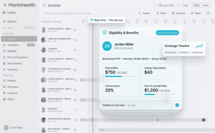 MantaHealth's tweet photo. A six-week-old coverage check is like bread from the same week: fine when bought, stale by service day.

Plans lapse. Deductibles reset. Manta re-verifies eligibility automatically through the workflow, not just at scheduling.

https://t.co/xjDZXh9nfP https://t.co/9bVWo5HzeK