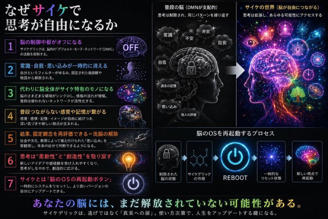 PIQUEBudsBrain's tweet photo. なぜサイケで思考が自由になるか

脳の制御中枢がオフになる
常識・自我・思い込みが一時的に消える
代わりに脳全体がサイケ特有のモノになる
普段つながらない感覚や記憶が繋がる。
結果、固定観念を再評価できる＝洗脳の解除
思考は“柔軟性”と“創造性”を取り戻す
サイケとは「脳のOSの再起動ボタン」 https://t.co/c1FPXH1hBJ