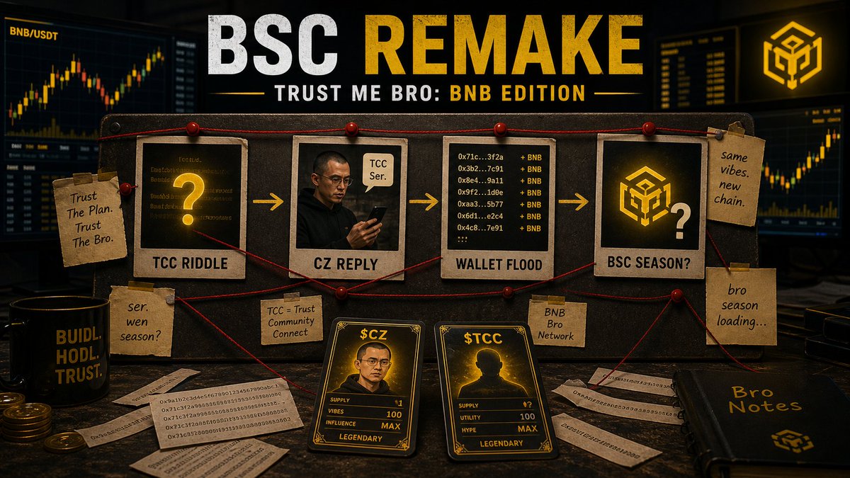 broplstrustme's tweet photo. BSC did not find a new meta.

It found the remake rights.

Solana had Ansem:
one guy tweets,
the market starts reading subtitles,
and $ANSEM holders become a distribution layer.

Then BSC saw the movie and said:

ok, but what if CZ gets a cameo?

TCC posts “Guess the riddle.”

CZ replies:
“Water (drop) your BNB wallet 😁”

That one reply does 700K+ views and the whole chain turns into a wallet-address printer.

Then $CZ and $TCC become the two main interpretations:

$CZ = the direct CZ identity trade.

$TCC = the proxy / community / “Chinese Ansem” trade.

The market is not really arguing over tickers.

It is arguing over trust routing.

Do you trust the name?
Do you trust the person CZ replied to?
Do you trust manual airdrops?
Do you trust top holders?
Do you trust the BSC comeback arc?

BSC season right now is basically:

one thumbs-up,
two tickers,
five thousand wallets,
and one giant BRO COURT case.

Can we trust the BNB bro?

Sources:
https://t.co/oOoYVMQz1n
https://t.co/mXOsK8iBKp
https://t.co/q9yculYivp
https://t.co/xJm6qOsjiB