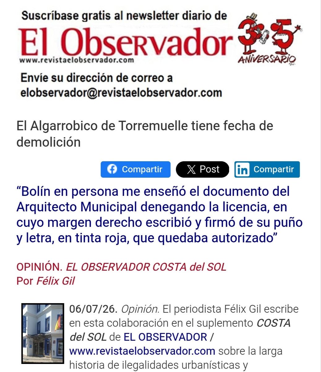 _ElObservador_'s tweet photo. #OJO
'El Algarrobico de #Torremuelle tiene fecha de demolición'
“#Bolín en persona me enseñó el documento del arquitecto municipal denegando la licencia, en cuyo margen derecho escribió y firmó que quedaba autorizado”
Por #FélixGil
.
https://t.co/eX46Opq8Ty…
. https://t.co/rjjreyn6UY