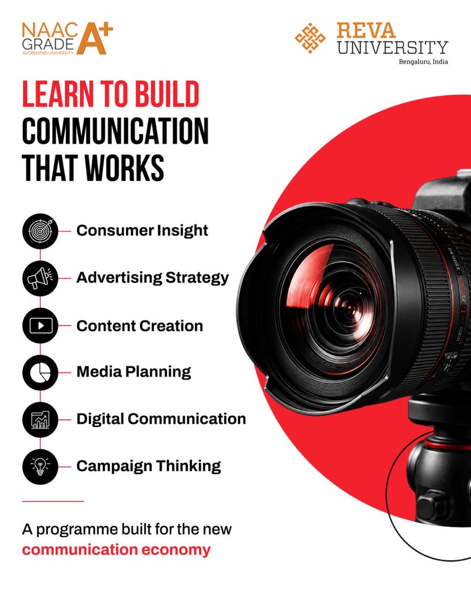 REVAUniversity's tweet photo. Attention is the currency of every industry today, and building it requires more than instinct. It requires strategy. The https://t.co/BilvCvCJEm. Integrated Marketing Communication & Advertising (Honours and Research) programme at the School of Communication and Media Enterprise is designed around this exact idea, combining consumer insight, advertising strategy, content creation, media planning and campaign thinking into one focused discipline. As industries move faster with AI-driven content, creator culture and data-led decisions, this programme prepares students to think and build for that shift rather than react to it. Graduates move into diverse paths across branding, digital marketing, public relations, media planning and campaign leadership, backed by REVA’s digital studios, live projects, masterclasses and industry interface.

Admissions closing soon. Apply now.

#REVAUniversity #Media&Communication #DigitalMarketing #EducateToEnterprise