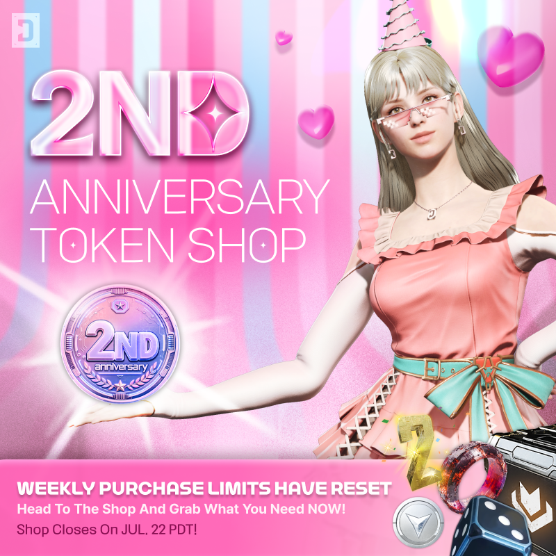 FirstDescendant's tweet photo. 🛒 Collect 2nd Anniversary Tokens dropping until Jul. 14 (PDT) and exchange them for special rewards including the Transcendent Alignment Device! Event Shop stays open until Jul. 22 (PDT)! https://t.co/25398megKh
