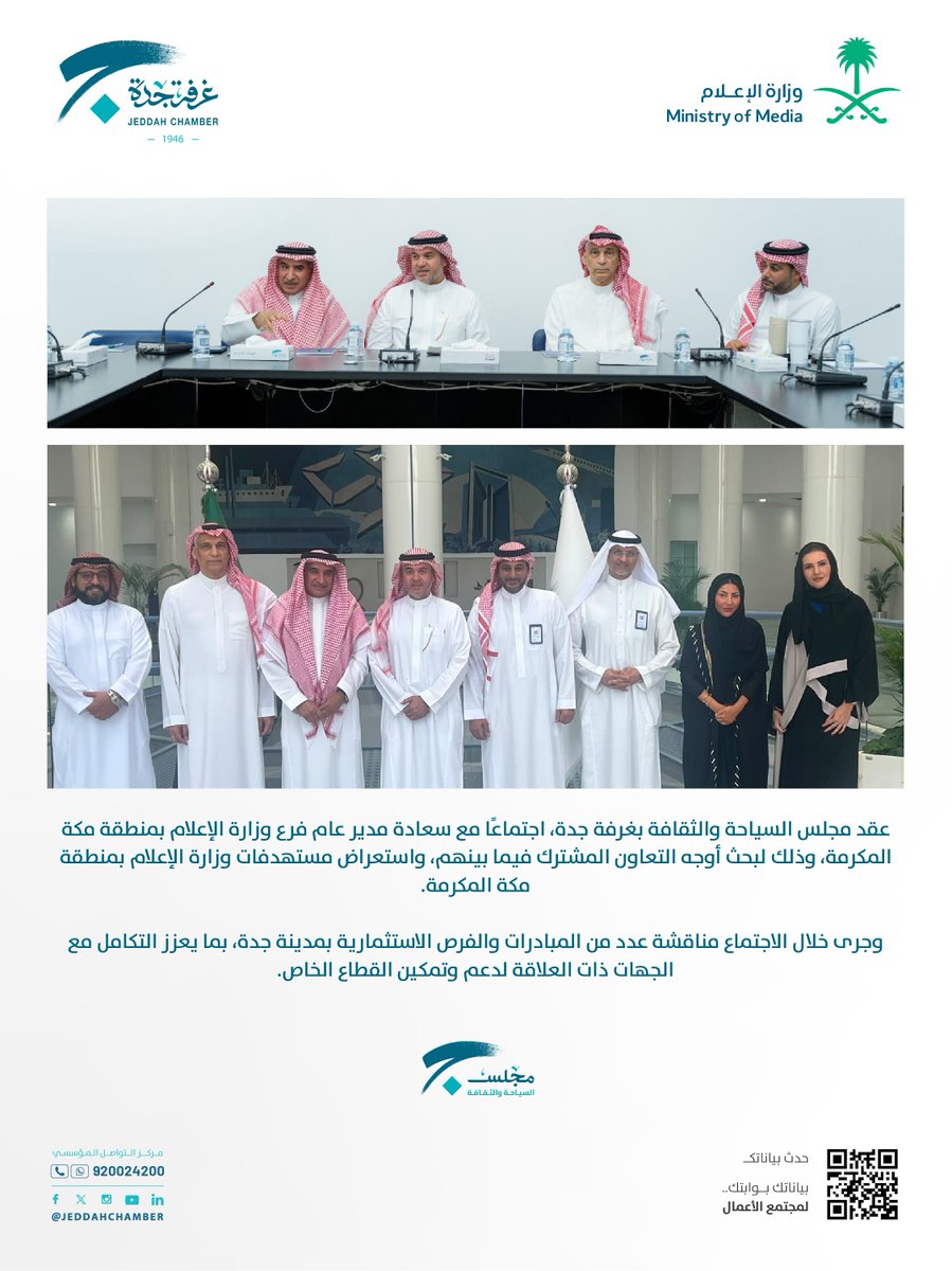 JeddahChamber's tweet photo. عقد #مجلس_السياحة_والثقافة بـ #غرفة_جدة اجتماعًا مع سعادة مدير عام فرع وزارة الإعلام بمنطقة مكة المكرمة، وذلك لبحث أوجه التعاون المشترك فيما بينهم، واستعراض مستهدفات وزارة الإعلام بمنطقة مكة المكرمة.

وجرى خلال الاجتماع مناقشة عدد من المبادرات والفرص الاستثمارية بمدينة جدة، بما يعزز التكامل مع الجهات ذات العلاقة لدعم وتمكين القطاع الخاص.