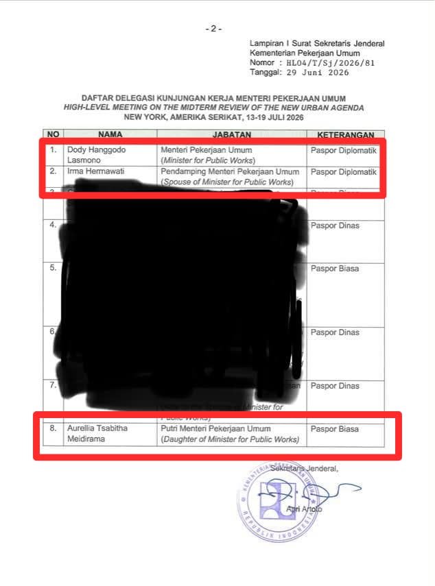 bilbiils_'s tweet photo. TEMAN-TEMAN LIHAT INI!!
Ada anak menteri ikut bapaknya dinas ke New York. 
@.Dody Hanggodo hello pak 🙃

WNI tanya WNI...
Boleh sih begini?? Kunjungan kerja bawa anak istri??

Mau tanya juga, nama anaknya masuk list SK delegasi berarti ngikut pake duit negara gitu kah?? @.KemenPU
Beneran Nanya ini😌

Mumpung Kegiatan Masih 6-7 hari,  masih bisa itu revisi😉

HIGH-LEVEL MEETTING ON THE MIDTERM REVIEW OF THE NEW URBAN AGENDA NEW YORK
(13-19 Juli 2026)