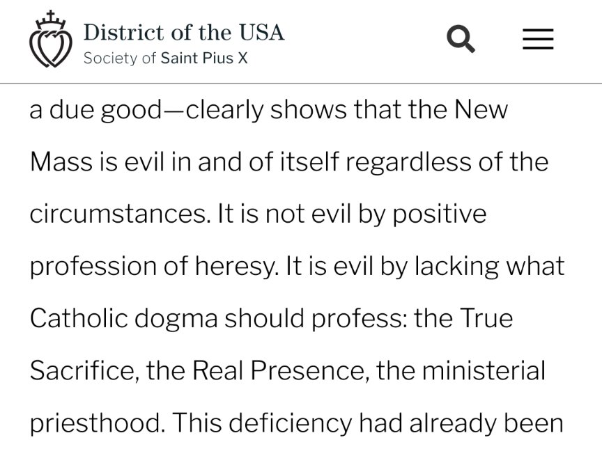 FrMatthewLC's tweet photo. The SSPX do not just prefer the old form of Mass... They call the Mass that feeds ~99% of Catholics "evil."

They claim it lacks "the True Sacrifice, the Real Presence, [&] the ministerial priesthood," yet all 3 are clearly in all approved Catholic rites.

By this, they are creating a new modernist religion, that replaces truth with subjective judgment.
https://t.co/664DQI7TJh