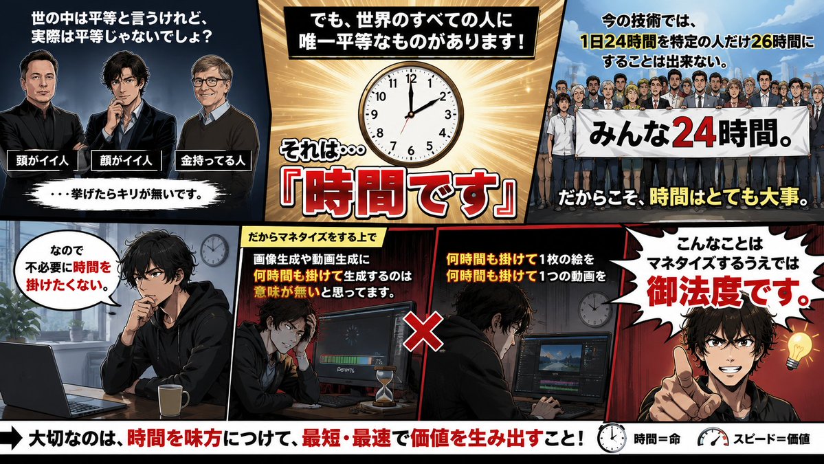 daisukeman9111's tweet photo. 僕は時短に重きを置いてます。

頭がイイ人、顔がイイ人、金持ってる人
・・・挙げたらキリが無いです。

世の中は平等とは言うものの、実際は平等じゃないでしょ？

でもイーロンマスクでも木村拓哉でもビルゲイツでも
平等なモノがあります。
ただ、世界の全ての人に唯一平等なもの！それは・・・

『時間です』

今の技術では１日24時間を特定の人だけ26時間に
することは出来ない。みんな24時間。

だからこそ、時間はとても大事。

なので不必要に時間を掛けたくない。

だからマネタイズをする上で画像生成や動画生成に
何時間も掛けて生成するのは意味が無いと思ってます。

何時間も掛けて１枚の絵を吟味。
何時間も掛けて１つの動画を吟味。
こんなことはマネタイズするうえでは御法度です。

唯一無二の作品を作ることは時間とお金に余裕が
出来た人がやることなのです。

さぁ！あなたの作品はどうですか？
ってか凄いなchatGPTすごいな
こんな厳密に画像出るのね！