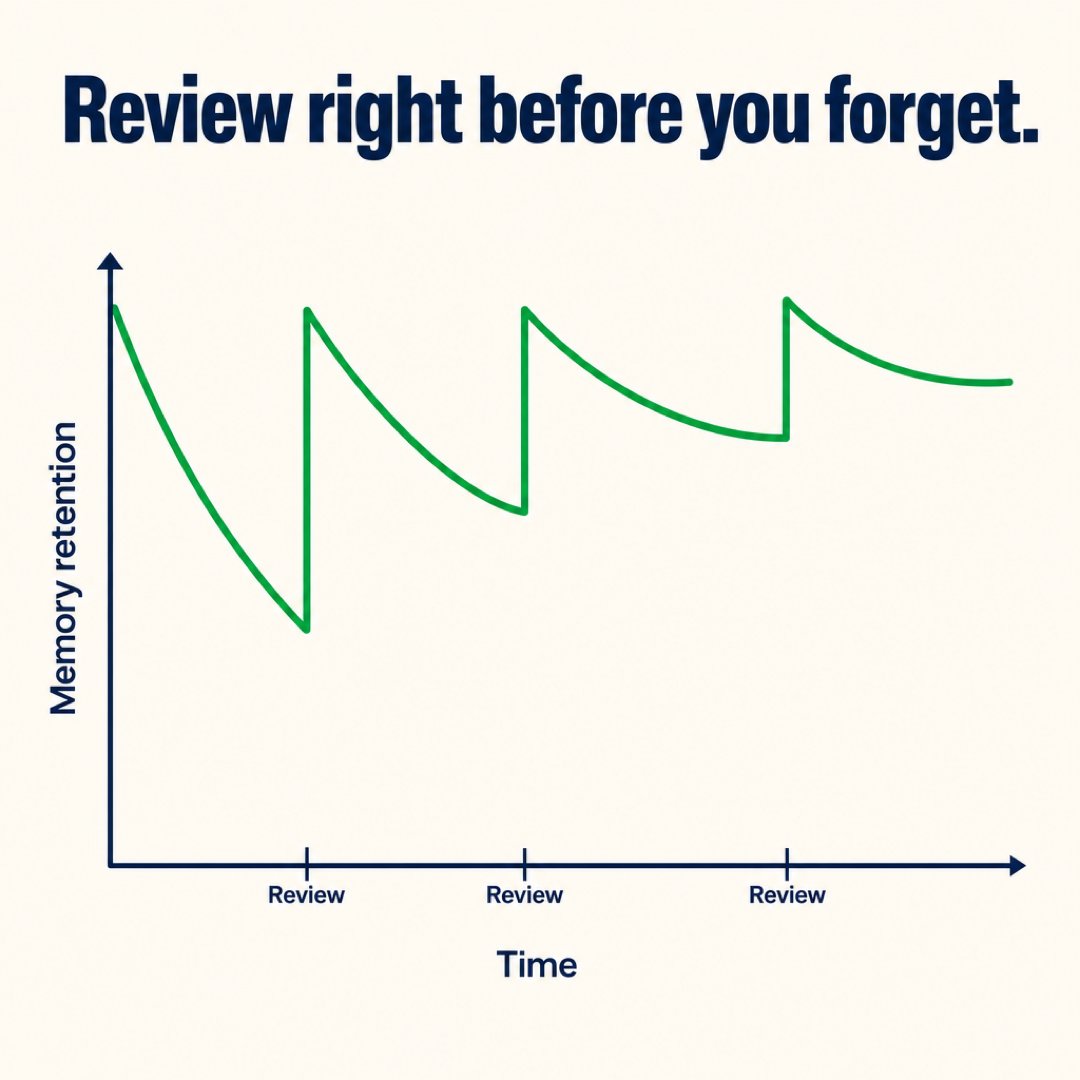 easygeorgian's tweet photo. 4. Memory fades on a curve. Learn a word today and most of it is gone within days, unless something brings it back.

The trick is timing. Review a word right before you would forget it and the memory resets, lasting longer each time. Soon you hold it for weeks, then months, with almost no effort.

That is spaced repetition, and it is built into every flashcard in the app. You just practice. The timing is handled for you.