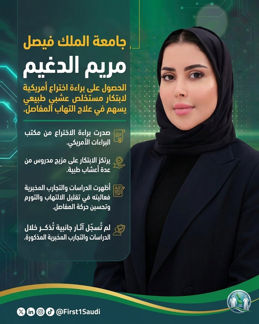 First1Saudi's tweet photo. براءة اختراع أمريكية واحدة.. وقد تقود إلى مسارٍ أوسع لعلاجات طبيعية أكثر أمانًا.  
الدكتورة مريم الدغيم تبتكر مستخلصًا عشبيًا لالتهاب المفاصل من جامعة الملك فيصل. إنجاز سعودي يُلهم الصحة والبحث والابتكار 🌿  
#مريم_الدغيم https://t.co/14pTsxlWRI