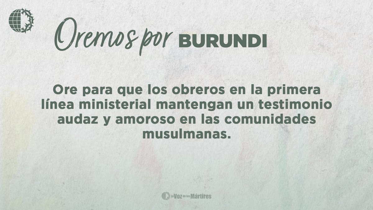 vomespanol's tweet photo. 🇧🇮 Burundi: Ore para que los obreros en la primera línea ministerial mantengan un testimonio audaz y amoroso en las comunidades musulmanas.
#Orar #Cristianos #Perseguidos #Cristo #Comparte #Burundi https://t.co/R6pEhFjgpX