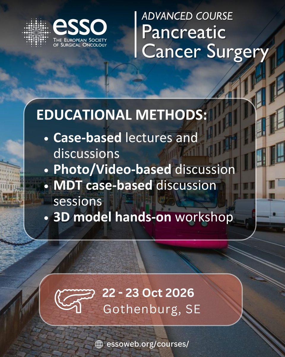 ESSOnews's tweet photo. How do you approach the most challenging decisions in pancreatic cancer surgery?

Join ESSO's Advanced Course in📍 Gothenburg, SE
📅 22–23 Oct 2026

Case-based learning, MDT discussions, surgical videos &amp; hands-on 3D workshops.

🔗https://t.co/m6dJxmcoFj

#HPB https://t.co/zxDpm6sNZj