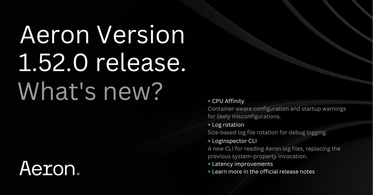 WeAreAdaptive's tweet photo. #Aeron 1.52.0 is out, focused on usability for #lowlatency #trading and market data. Better CPU affinity, size-based log rotation, new log-file CLI, and replay latency spike fixes make Aeron easier to operate where every microsecond matters.

🔗 https://t.co/ULPksMTdN8 https://t.co/dc8irTeBLc