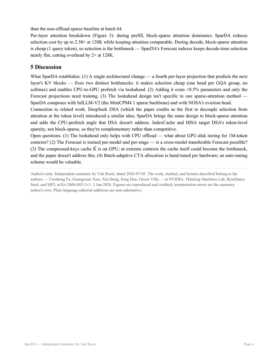 VukRosic99's tweet photo. Sparse attention cuts long-context LLM inference cost, but two bottlenecks remain: the KV cache still grows with sequence length (offloading it to CPU hits the PCIe wall), and picking which blocks to attend to becomes its own dominant cost at long contexts.

SparDA (NVIDIA + MIT) fixes both with one architectural change: a fourth per-layer projection, the Forecast, alongside Q/K/V. It predicts the NEXT layer's needed KV blocks one layer ahead, so block selection and CPU-to-GPU prefetch overlap with the current layer's compute. It adds <0.5% parameters (33.5M on 8B) and trains only the Forecast weights.

Headline: on MiniCPM4.1-8B and NOSA-8B, SparDA matches or improves accuracy on HELMET, LongBench, RULER, and a long-reasoning suite - with up to 1.25x prefill and 1.7x decode speedup over the sparse-attention offload baseline, and up to 5.3x higher decode throughput from the larger batches that prefetch makes feasible.

Made a short visual breakdown - one diagram per trick. Swipe through. 👇

---

paper - https://t.co/rIxFHb4UrG
code - https://t.co/by1shobRZ7
full summary pdf - https://t.co/9ExjWBeaWq

🔬 Every Sunday I run a hands-on live AI research with 1 on 1 help: https://t.co/6nocqbVceu