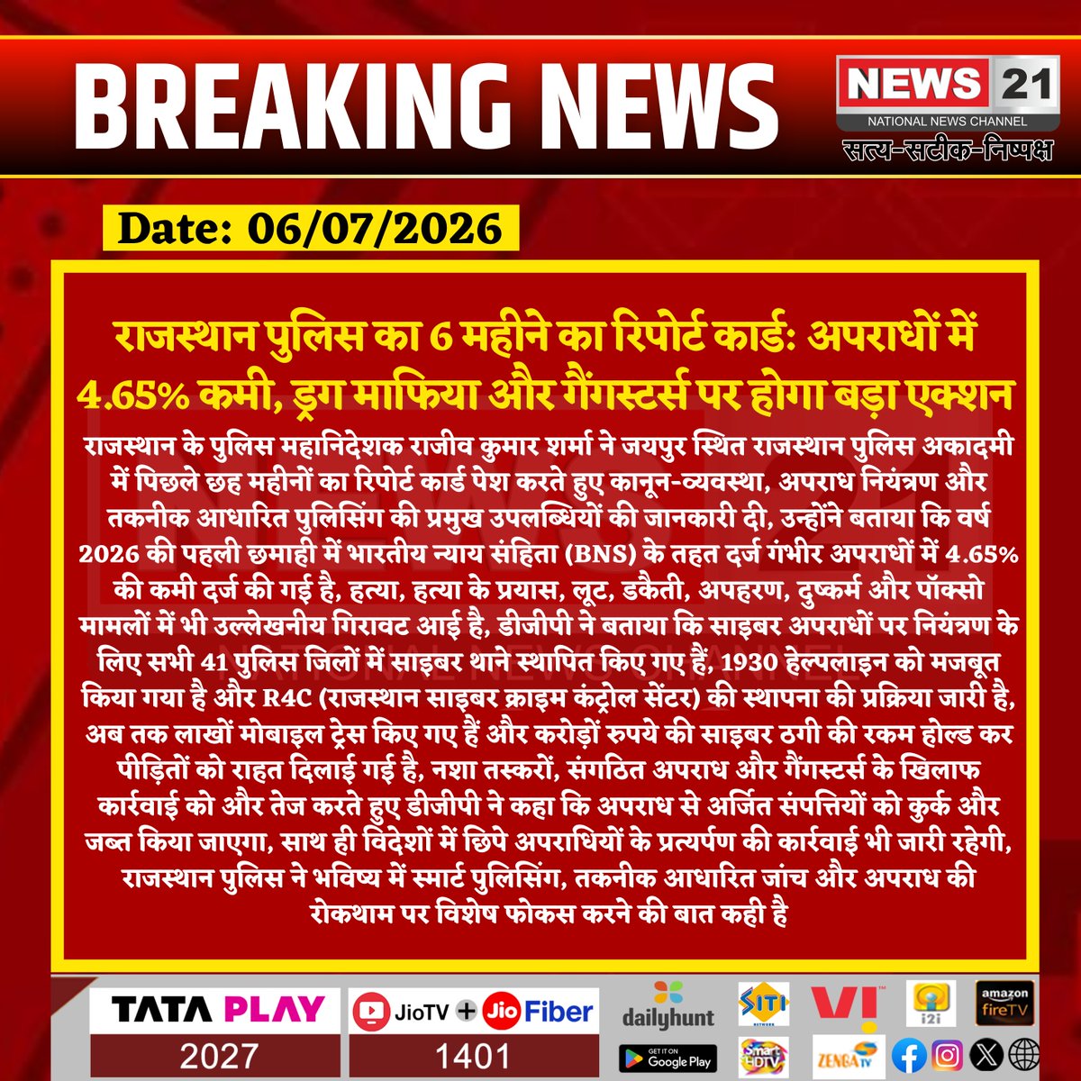 news21national's tweet photo. राजस्थान पुलिस का 6 महीने का रिपोर्ट कार्ड: अपराधों में 4.65% कमी, ड्रग माफिया और गैंगस्टर्स पर होगा बड़ा एक्शन
#RajasthanPolice #RajeevKumarSharma #Rajasthan #Jaipur #CrimeControl #CyberCrime #DrugMafia #Gangsters #Police #LawAndOrder #ATS #ANTF #R4C #OperationGarima #OperationKhushi @PoliceRajasthan @RajCMO @BhajanlalBjp @DIPRRajasthan @HMOIndia @Cyberdost @PIB_India @RajPoliceHelp