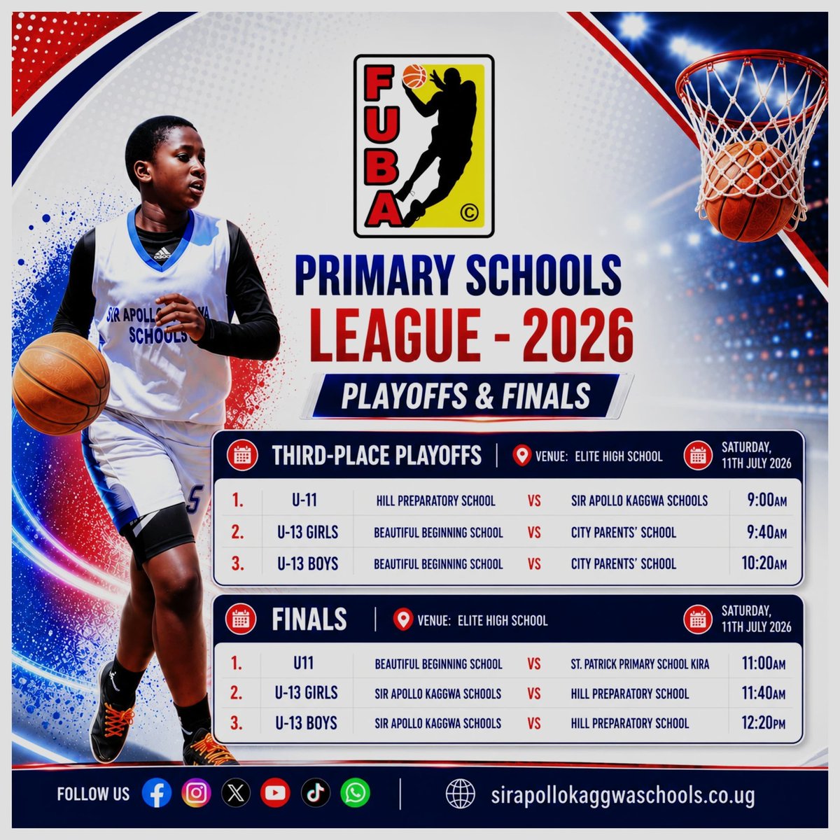 FubaYouthMini's tweet photo. 🏀 THE GRAND FINALE IS HERE! 🏆
​The future stars of Ugandan basketball are taking over! Who will claim ultimate glory? 🌟
​Join us for the climax of the 2026 FUBA Primary Schools' League this Saturday as the finest U11 &amp; U13 talents battle it out on the court! Future of hoops! https://t.co/iIRdh0wvfY