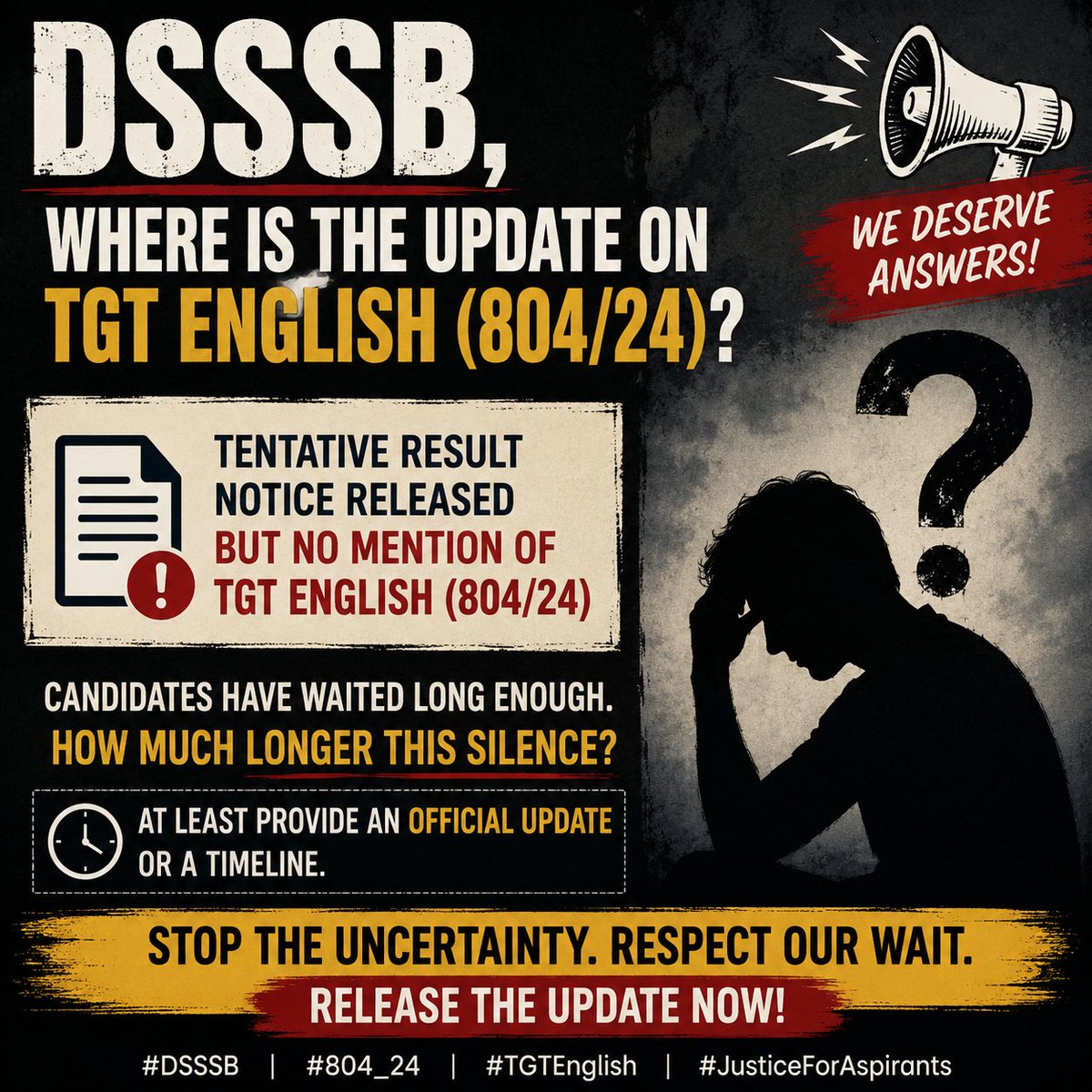 MrDLegend298455's tweet photo. Dear DSSSB
Today's tentative result notice was released, but there is still no update on TGT English (Post Code 804/24).
How much longer are candidates expected to wait? At least provide an official update instead of complete silence.
@dsssbofficial 
@gupta_rekha 
@LtGovDelhi https://t.co/rLpWNHtosL