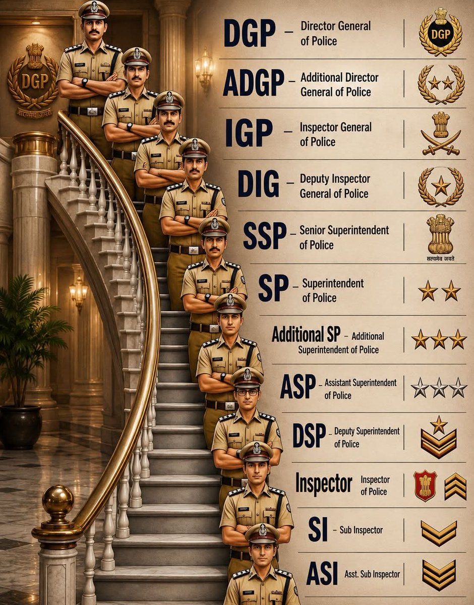 Chopsyturvey's tweet photo. Understanding the organizational structure of the police force is essential for those interested in public service and law enforcement. As illustrated in 121850.png, the hierarchy is clearly defined by specific ranks, each carrying distinct responsibilities and insignia. From the top-tier leadership of the Director General of Police (DGP) down to the vital roles of the Assistant Sub-Inspector (ASI), this structured progression ensures operational efficiency and command clarity within the department.
Whether you are aspiring to join the force or simply seeking to better understand the authority behind law enforcement in India, recognizing these designations is a fundamental starting point. Each rank represents a dedicated level of service, leadership, and commitment to maintaining public order and safety. Familiarizing yourself with these roles highlights the complexity and organized nature of police administration, reflecting the discipline required to serve at every level of the department.
#PoliceHierarchy #LawEnforcement #IndianPolice #PublicService #PoliceRanks