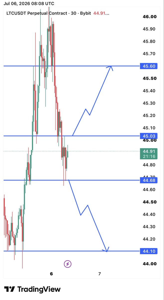 cryptobeast700's tweet photo. #LTCUSDT (30m)

🟢 Bullish: Above 45.03 → 45.60

🔴 Bearish: Below 44.68 → 44.10

⚠️ Wait: Price is between 44.68–45.03. Wait for confirmation before entering. https://t.co/CLdZJpBefh