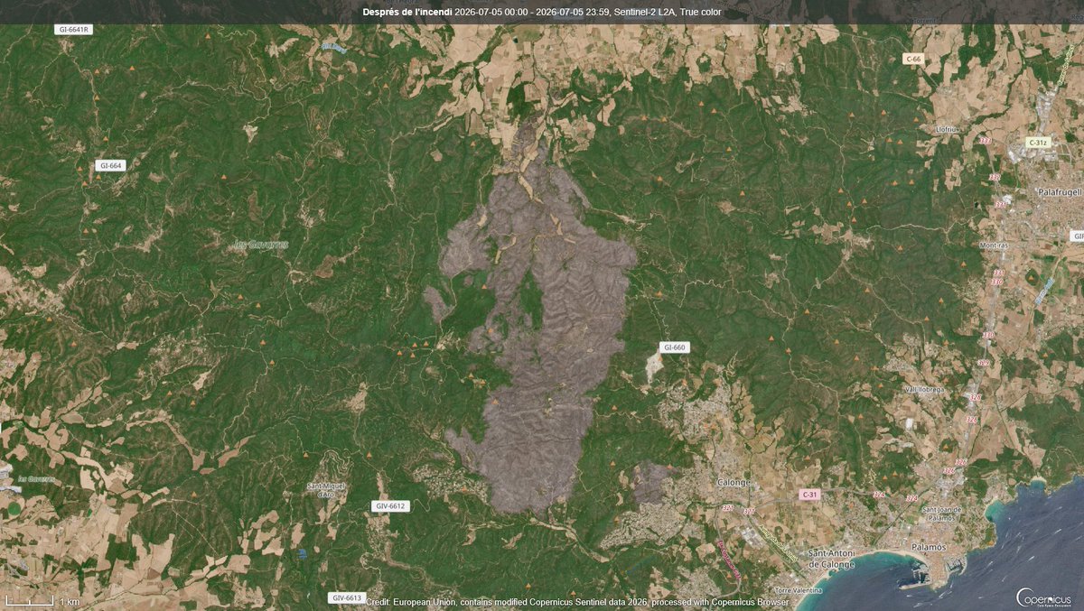 Oriol_RB's tweet photo. L'abans i després de l'#IFBisbaldEmpordà a vista de satèl·lit.

🛰️ Sentinel-2 https://t.co/G1W6lbGXWl