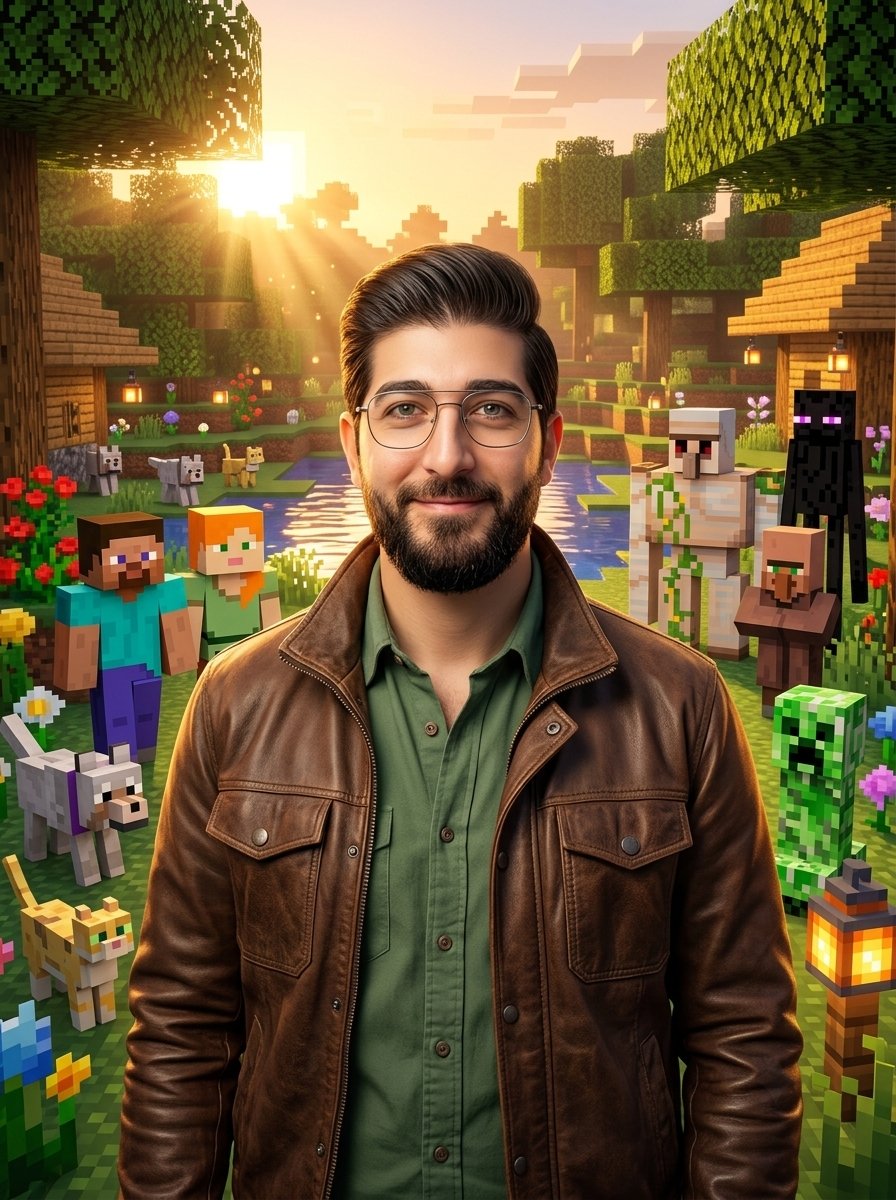 IS7MI's tweet photo. Prompt 🖼⤵️

A highly detailed, photorealistic cinematic portrait of the same man from the reference photo, exact facial features, exact skin tone, exact hair style, exact beard, exact thin metal glasses, warm Middle Eastern skin, friendly confident smile, standing in a breathtaking hyper-realistic Minecraft world at golden hour sunset, dramatic warm lighting, volumetric god rays.

He is wearing a stylish modern outfit (vary the clothes every time: casual polo, leather jacket, hoodie, explorer outfit, royal clothes, etc.), surrounded by different Minecraft characters (Steve, Alex, villagers, iron golem, enderman, creeper in cute style, different wolves, cats, etc.), vibrant colors everywhere, colorful flowers, glowing lanterns, lush detailed environment.

Ultra realistic textures, 8k resolution, cinematic composition, sharp focus, intricate details, National Geographic style photography mixed with Minecraft fantasy, beautiful Minecraft village in the background with wooden houses, bridges, rivers reflecting the sunset, magical atmosphere, depth of field, bokeh lights --ar 3:4 --stylize 250 --v 6