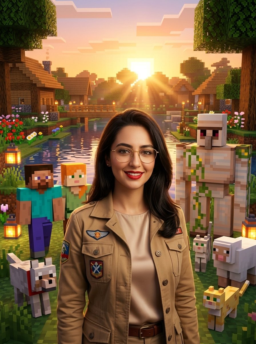 IS7MI's tweet photo. Prompt 🖼⤵️

A highly detailed, photorealistic cinematic portrait of the same man from the reference photo, exact facial features, exact skin tone, exact hair style, exact beard, exact thin metal glasses, warm Middle Eastern skin, friendly confident smile, standing in a breathtaking hyper-realistic Minecraft world at golden hour sunset, dramatic warm lighting, volumetric god rays.

He is wearing a stylish modern outfit (vary the clothes every time: casual polo, leather jacket, hoodie, explorer outfit, royal clothes, etc.), surrounded by different Minecraft characters (Steve, Alex, villagers, iron golem, enderman, creeper in cute style, different wolves, cats, etc.), vibrant colors everywhere, colorful flowers, glowing lanterns, lush detailed environment.

Ultra realistic textures, 8k resolution, cinematic composition, sharp focus, intricate details, National Geographic style photography mixed with Minecraft fantasy, beautiful Minecraft village in the background with wooden houses, bridges, rivers reflecting the sunset, magical atmosphere, depth of field, bokeh lights --ar 3:4 --stylize 250 --v 6