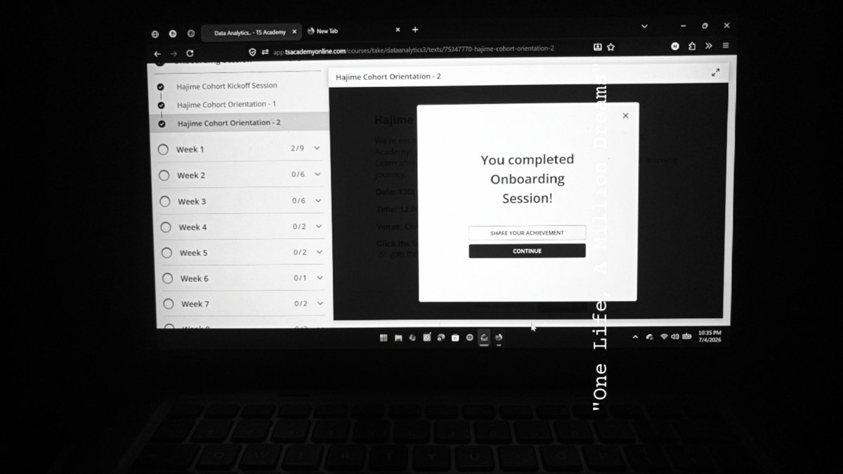 Thickstepha's tweet photo. Learning Journey Begins!
I'm excited to share that I've successfully completed my Orientation Class and Onboarding Session on the TS Academy LMS.
#DataAnalytics #LearningInPublic #CareerGrowth #Upskilling #TechJourney #TSAcademy #OpenToLearning https://t.co/Ct0KAQFLAU