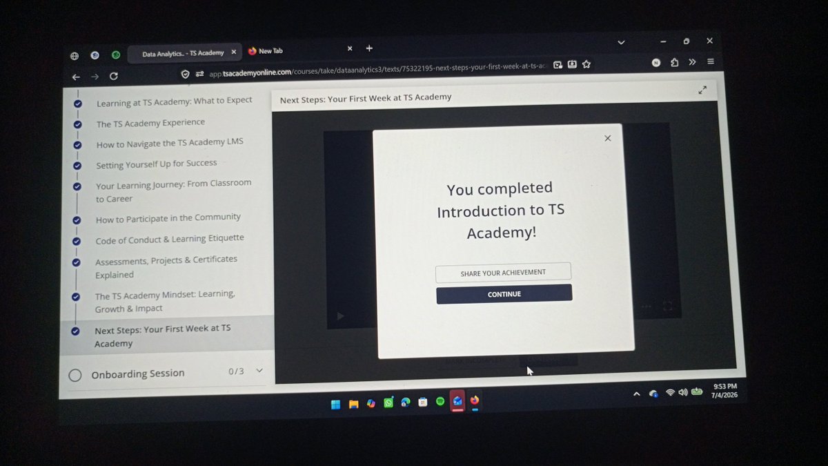 Thickstepha's tweet photo. Learning Journey Begins!
I'm excited to share that I've successfully completed my Orientation Class and Onboarding Session on the TS Academy LMS.
#DataAnalytics #LearningInPublic #CareerGrowth #Upskilling #TechJourney #TSAcademy #OpenToLearning https://t.co/Ct0KAQFLAU