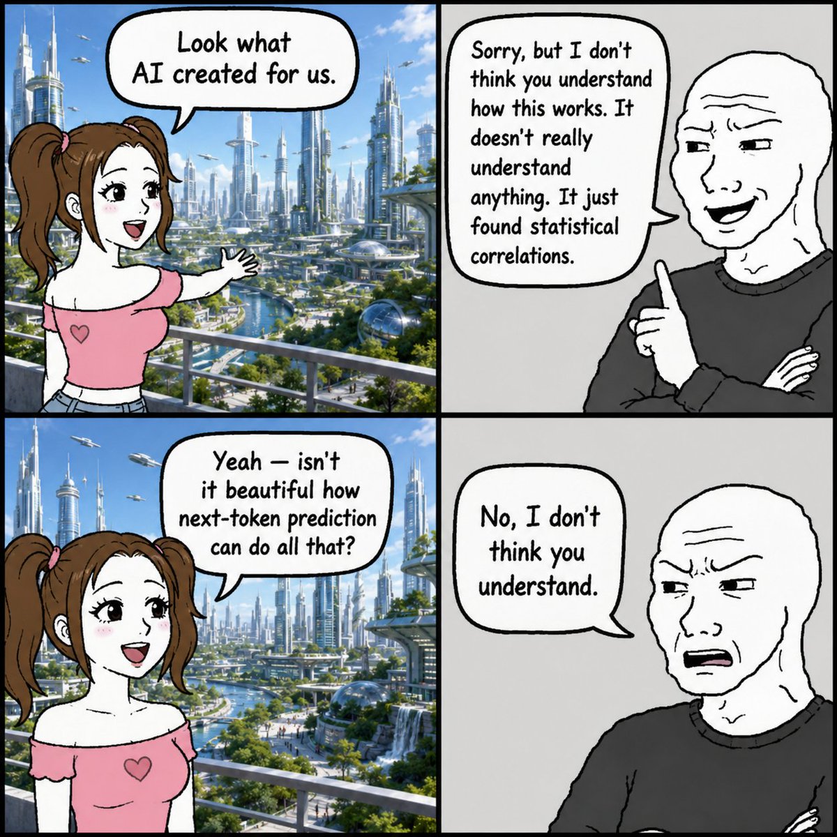flowersslop's tweet photo. I cant wait to see all the normies get hit by a truck of realization when they finally understand what AI can do once the capability overhang and technical inaccessibility go away

The its just a stochastic parrot bros are going to have a hard time, but ofc they’ll do the meme https://t.co/ug2PzRbYri