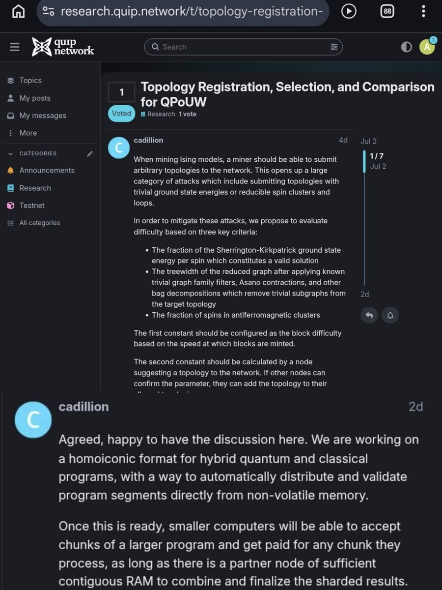 Amstarlighter's tweet photo. Right now running a quantum program has one requirement.

Enough hardware to hold and execute the entire program at once.

Most computers on earth do not qualify.

This is what active protocol development looks like at @quipnetwork.

A co-founder of @quipnetwork posted this last week on the public research forum:

"We are working on a homoiconic format for hybrid quantum and classical programs, with a way to automatically distribute and validate program segments directly from non-volatile memory. Once this is ready, smaller computers will be able to accept chunks of a larger program and get paid for any chunk they process."

In plain terms.

A large quantum program gets broken into chunks. Your computer picks up one chunk, processes it, and gets paid for that chunk alone. A partner node with enough memory combines all chunks and finalizes the result.

Think of it this way. Today quantum programs need one powerful machine to run the whole race. This format lets smaller machines each run one lap and still cross the finish line together.

The code preview is already live in the quip-protocol-py tutte branch. A new Rust suite is being committed to a public repo before end of month.

Not a pitch deck. A technical implementation already in progress. In public.