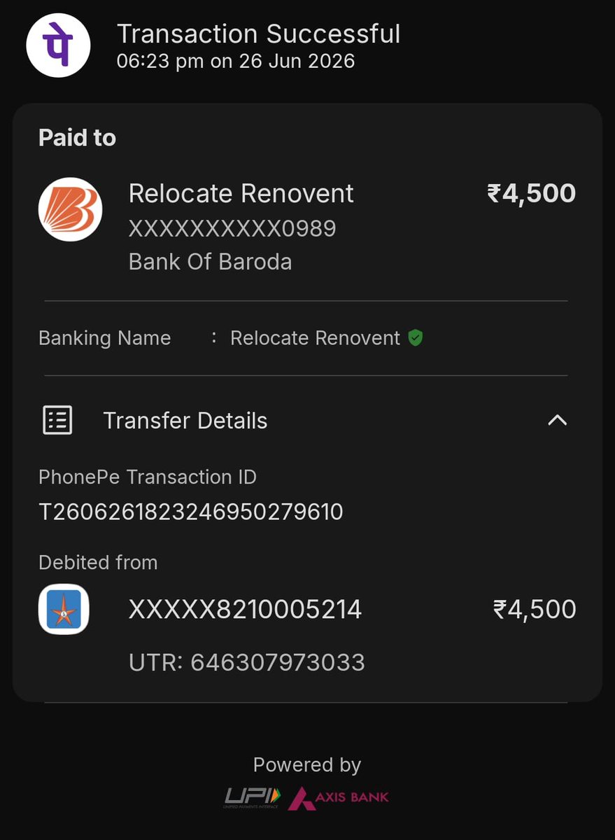 Raje1007's tweet photo. @BankofIndia_IN 
I accidentally transferred ₹4,500 via UPI on 26 June 2026 due to a typing mistake I have already reported it to my home branch. Kindly coordinate with the beneficiary bank and help reverse the amount if possible
Txn ID: T2606261823246950279610
UTR: 646307973033 https://t.co/G86mHA8txE