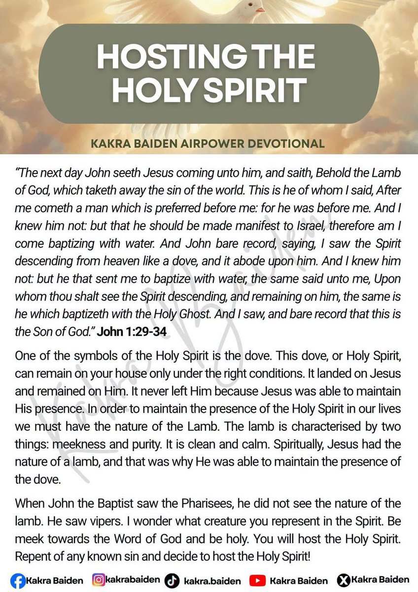 ProphetKakraB's tweet photo. The Holy Spirit doesn’t just visit, He desires to remain.
A heart marked by purity, humility, and obedience becomes a dwelling place for His presence.

#kakrabaiden #devotional https://t.co/LwfRguc2M9