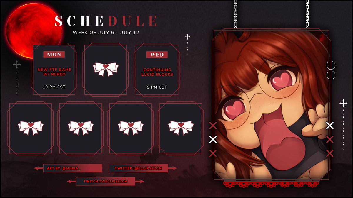 EclipseZCM's tweet photo. This weeks schedule July 6 - July 12

Twitch: https://t.co/VebaePgUje
YouTube: https://t.co/mGuc0XAebT https://t.co/dgROJ2XyEo
