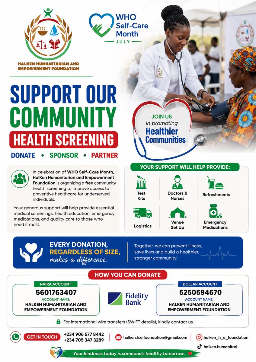haleemah_ZLA's tweet photo. Good day. My name is Halimat Lawal, and I represent HalKen Humanitarian and Empowerment Foundation. This WHO Self-Care Month, we’re organizing a free health screening for underserved Nigerians. We’d be deeply grateful if you could support or sponsor this initiative. https://t.co/tV68ZFTSfG