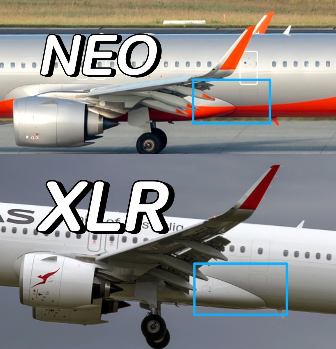 Fahadnaimb's tweet photo. Easy way to tell a regular A321neo from the XLR on the tarmac: that noticeably longer belly fairing under the rear fuselage protects the Rear Center Tank and adds strength for safety. Also, the inner flaps are single-slotted now instead of the double-slotted ones on standard neos. The XLR marking on the tail makes it obvious too.